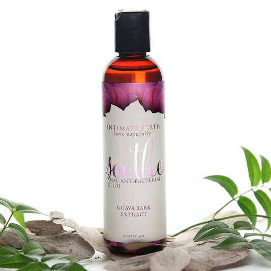 Intimate Earth Soothe Anal Lube with Guava Bark Extract for naturally smooth pleasure.
