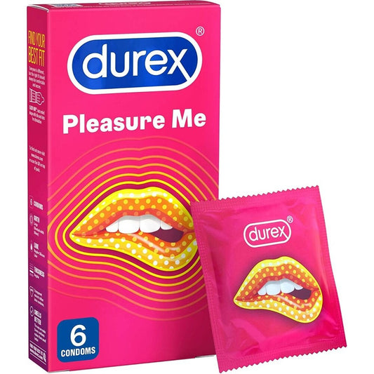 Durex Pleasure Me condoms: ribbed & dotted, fun-filled pink packaging.