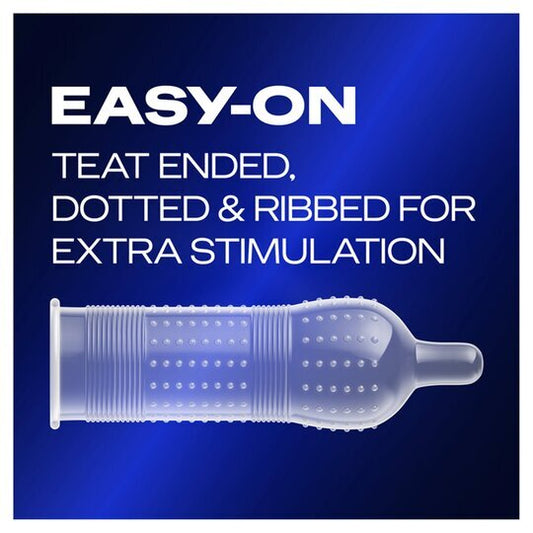 Durex Mutual Climax condom close-up: ribbed, dotted and teat-ended for extra stimulation. Play safe, have fun!
