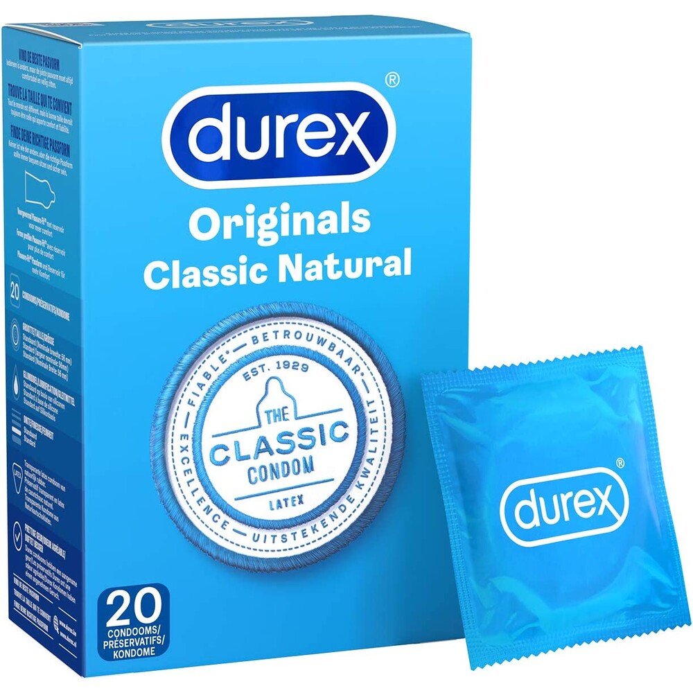 Durex Originals Classic Natural condoms: twenty-pack box and single packet, for safe, fun times.