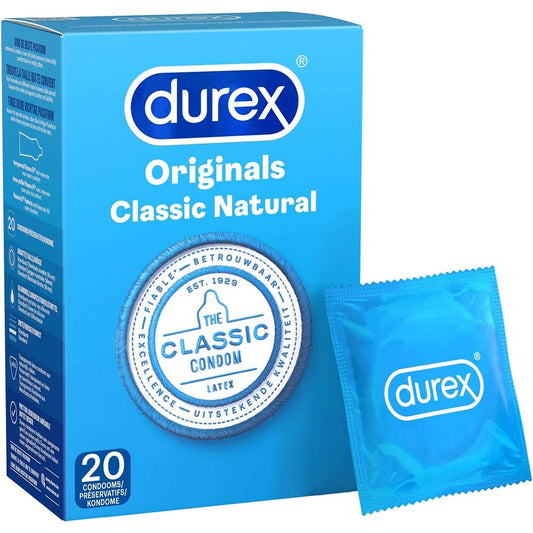 Durex Originals Classic Natural condoms: twenty-pack box and single packet, for safe, fun times.
