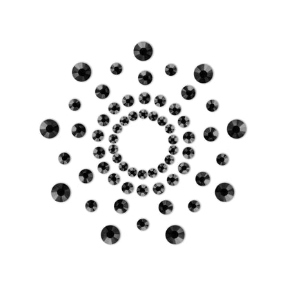 Dare to bare; shimmering black rhinestone pasties, a dazzlingly cheeky spiral.
