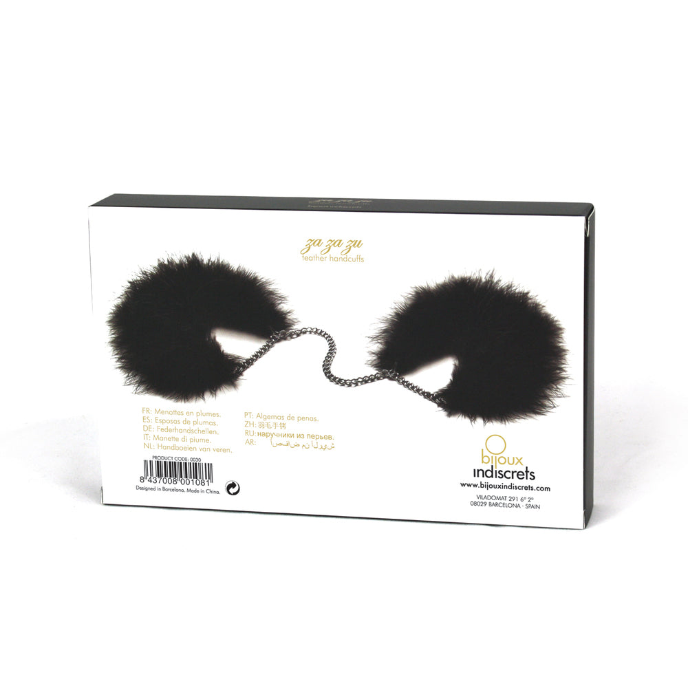 Za Za Zu: Feather handcuffs box, black fluffy restraints for playful bondage.  A naughty whisper of feathers.