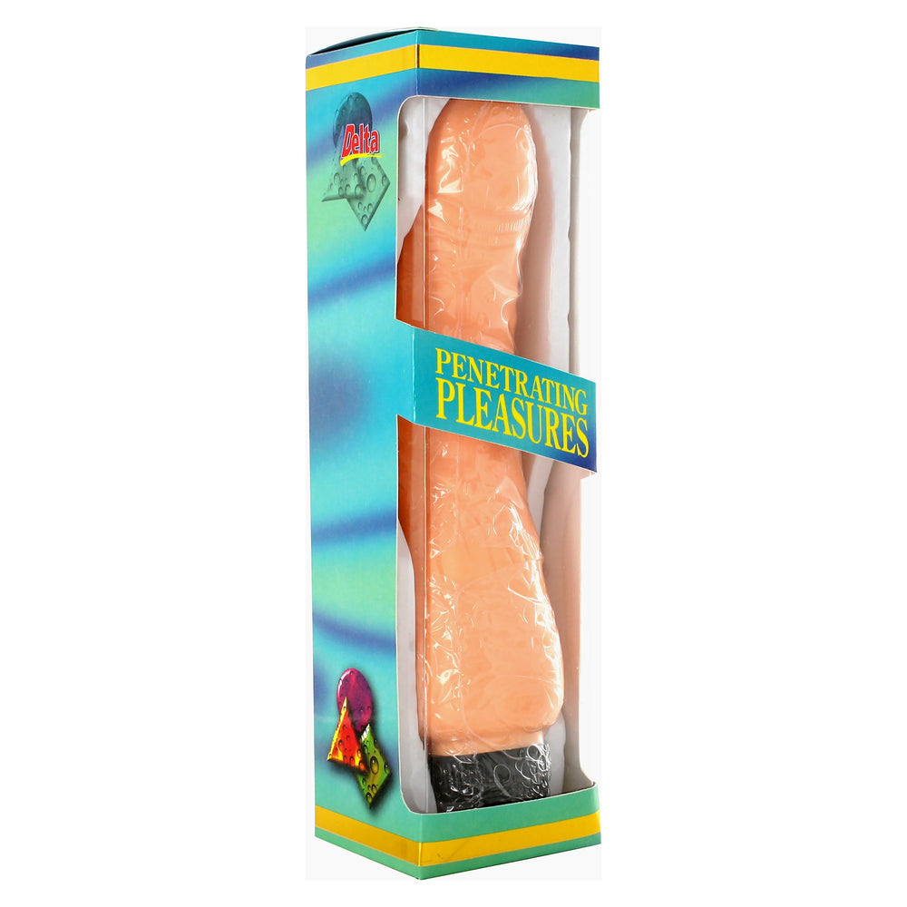 Vinyl penis vibrator in packaging for exploring pleasure.