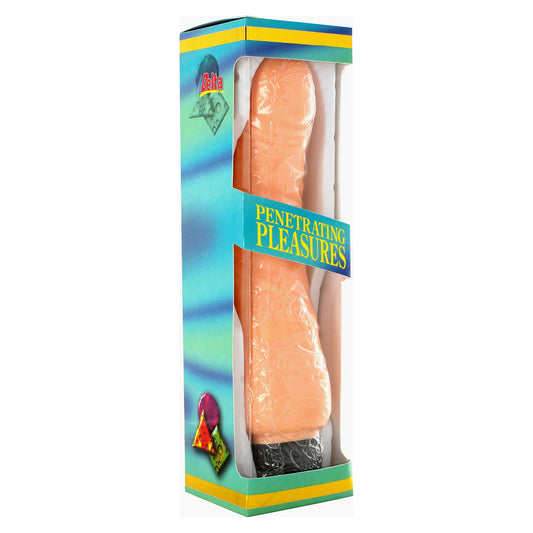 Vinyl penis vibrator in packaging for exploring pleasure.