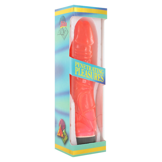 Pink vibrating pleasure toy in box.