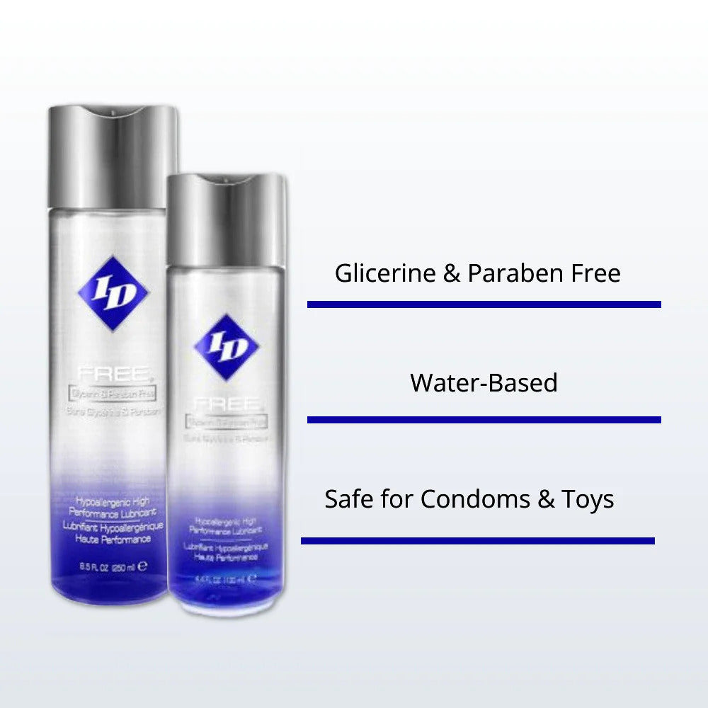 ID Free water-based lube: Glycerine & paraben-free for toy & condom-safe fun. High performance, hypoallergenic lubricant.
