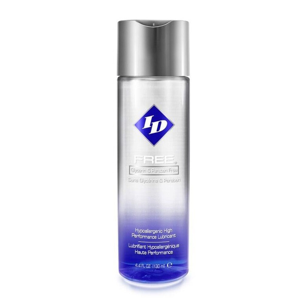 ID Free hypoallergenic water-based lubricant in a clear bottle with silver lid. Safe & sensual pleasure awaits!