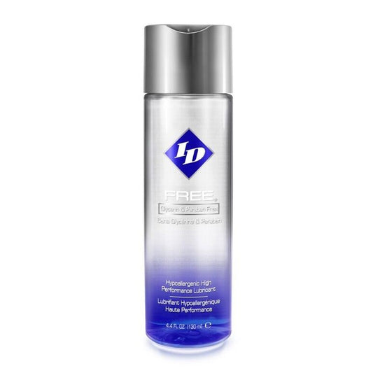 ID Free hypoallergenic water-based lubricant in a clear bottle with silver lid. Safe & sensual pleasure awaits!
