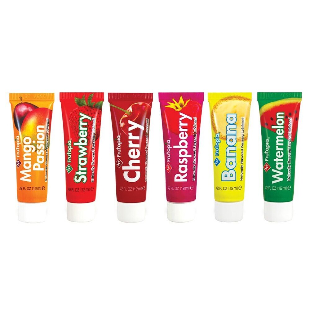 Fruity fun: ID Frutopia lubricant sampler with mango, strawberry, cherry, raspberry, banana, and watermelon flavours.