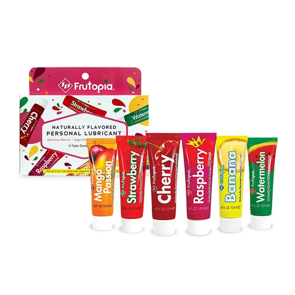 Frutopia lube sampler: Assorted fruit flavour tubes - strawberry, cherry, raspberry, banana, watermelon, mango passion.

