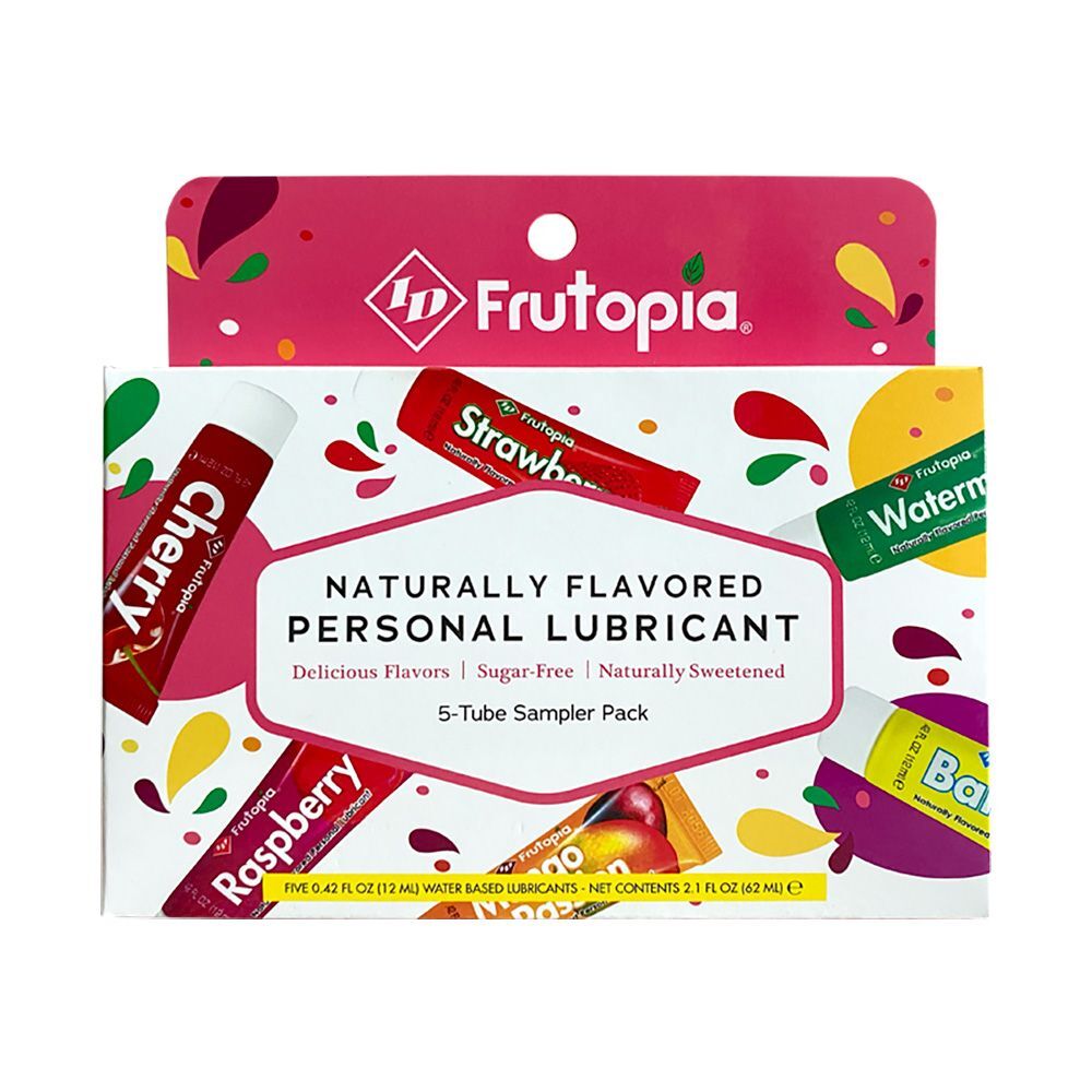 ID Frutopia Lube Sampler: naturally flavoured personal lubricant with cherry, strawberry, mango, watermelon, and raspberry flavours.