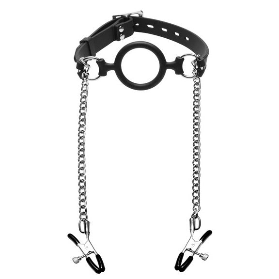 Black silicone gag with nipple clamps and chains.