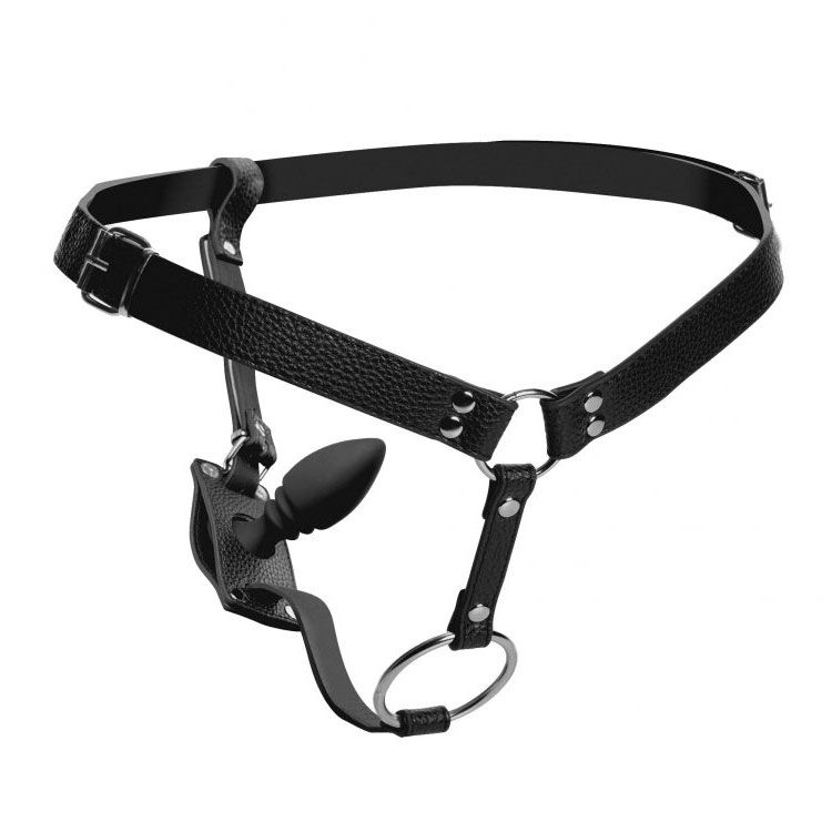 Black cock ring harness with silicone anal plug.