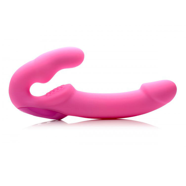 Pink strapless strap-on vibrator for adventurous play.