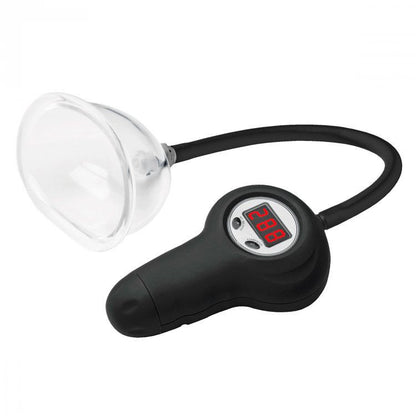 Size Matters Digital Pussy Pump by XR Brands. Clear cup, black handle, digital display. Explore pleasure with confidence.