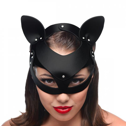 Black leather cat mask on woman