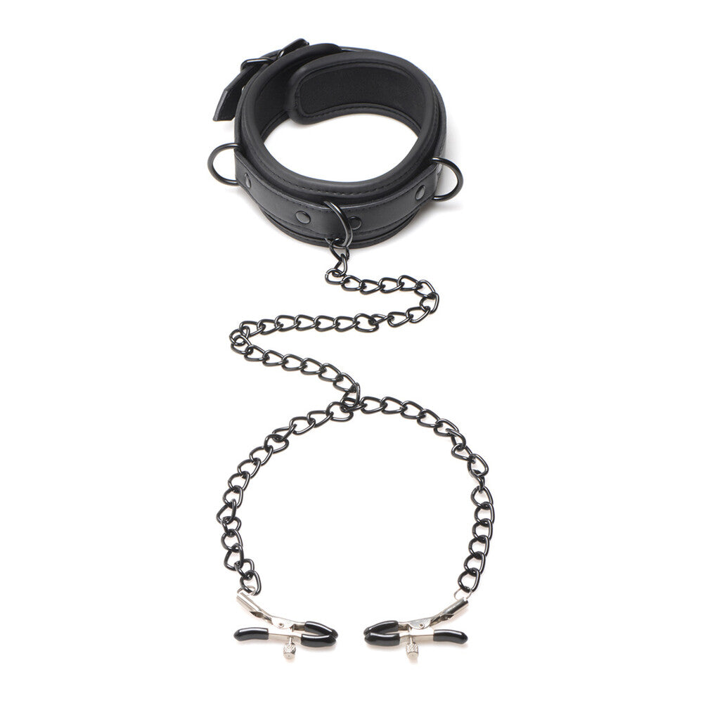 Black padded collar with chain to nipple clamps.