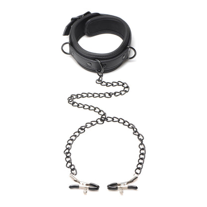 Black padded collar with chain to nipple clamps.