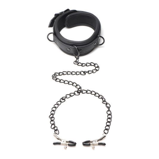 Black padded collar with chain to nipple clamps.
