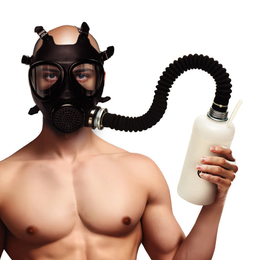 Man with gas mask and bottle