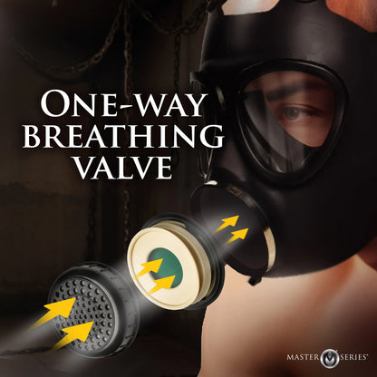 XR Brands Master Series gas mask: One-way breathing valve detail, for an intense and exhilarating experience.
