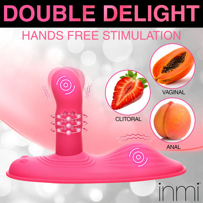 Pink INMI Spin N Grind vibrator with illustrations of fruit for stimulation ideas.