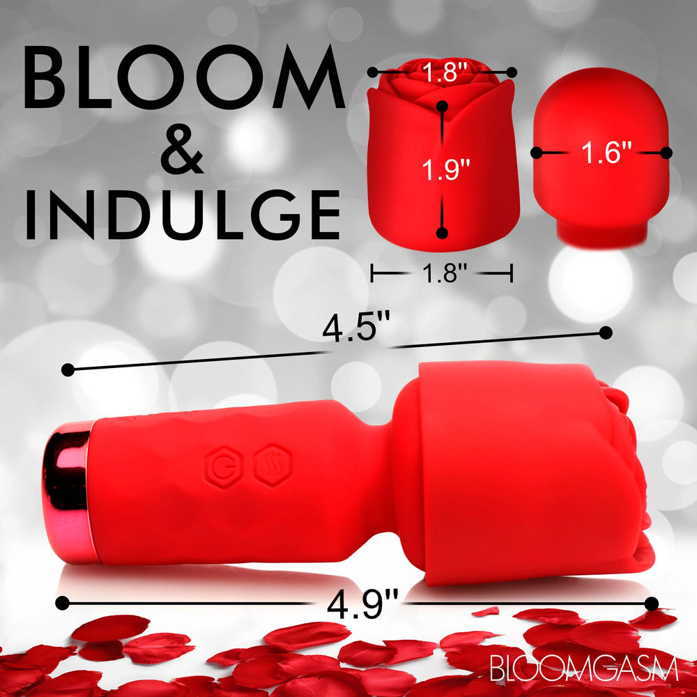 Bloomgasm Rose Petite Mini Wand: a scarlet vibrator with rose-shaped head and dimensions displayed.
