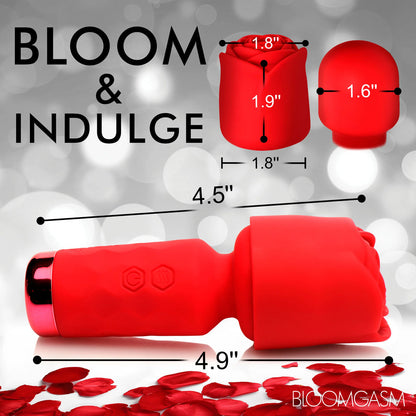 Bloomgasm Rose Petite Mini Wand: a scarlet vibrator with rose-shaped head and dimensions displayed.
