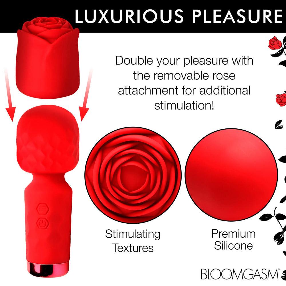 Red Bloomgasm Rose Petite Mini Wand with rose attachment. Luxurious pleasure with stimulating textures.