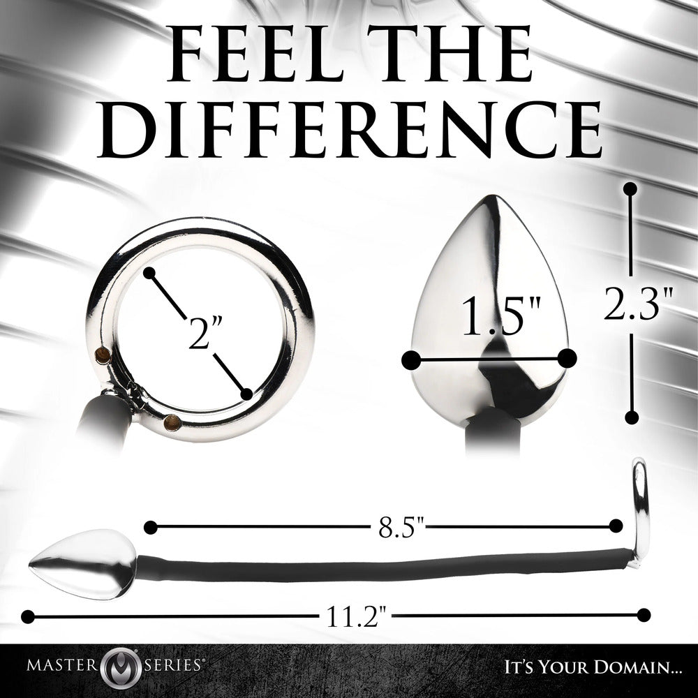 Master Series tug plug aluminium cock and ball ring with dimensions for informed kinky adventures. Feel the difference, it's your domain.