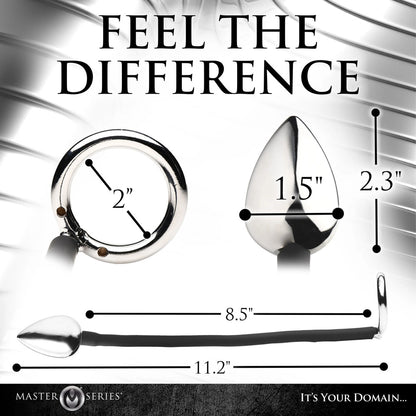 Master Series tug plug aluminium cock and ball ring with dimensions for informed kinky adventures. Feel the difference, it's your domain.
