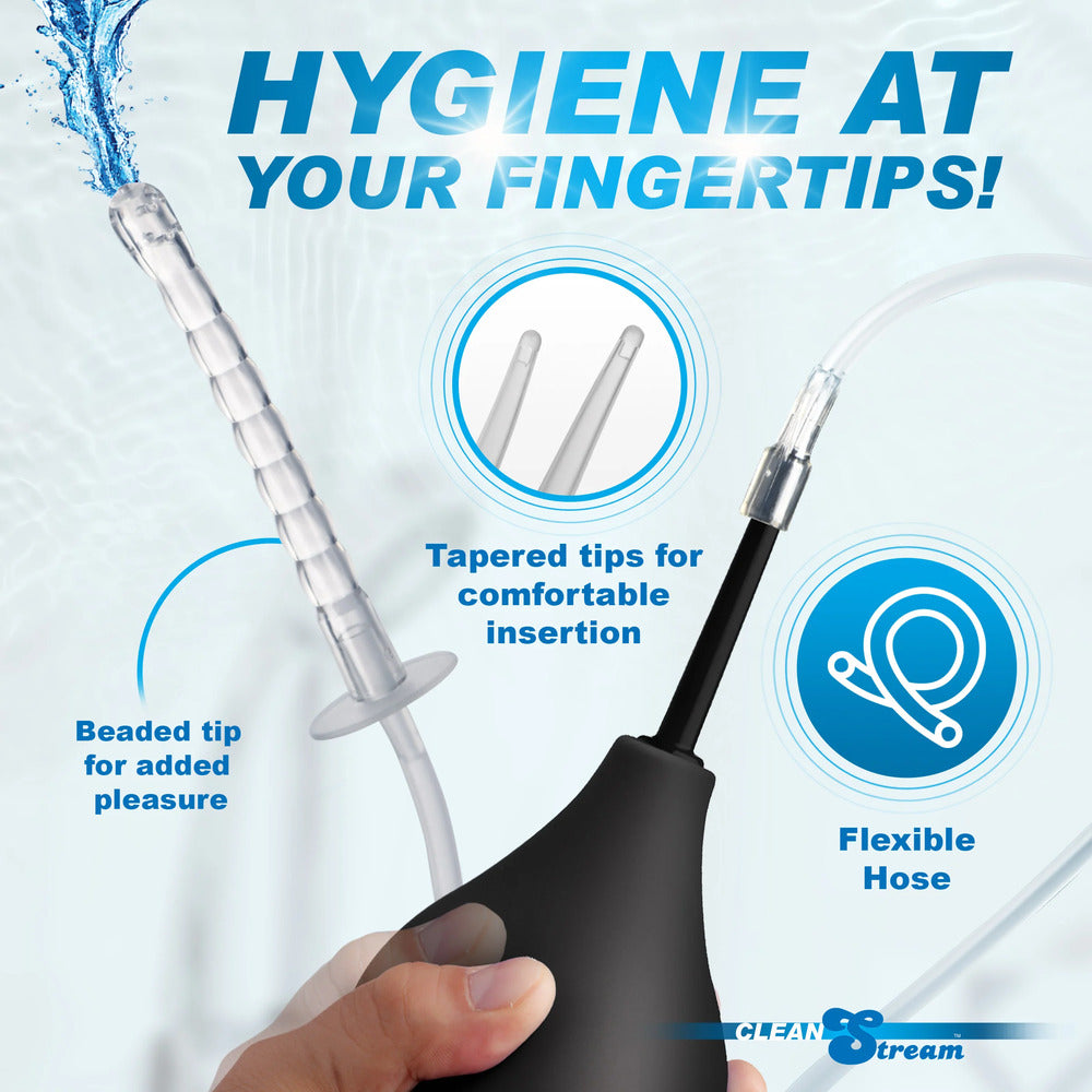 Clean Stream enema bulb kit features, flexibility and tapered and beaded tips.