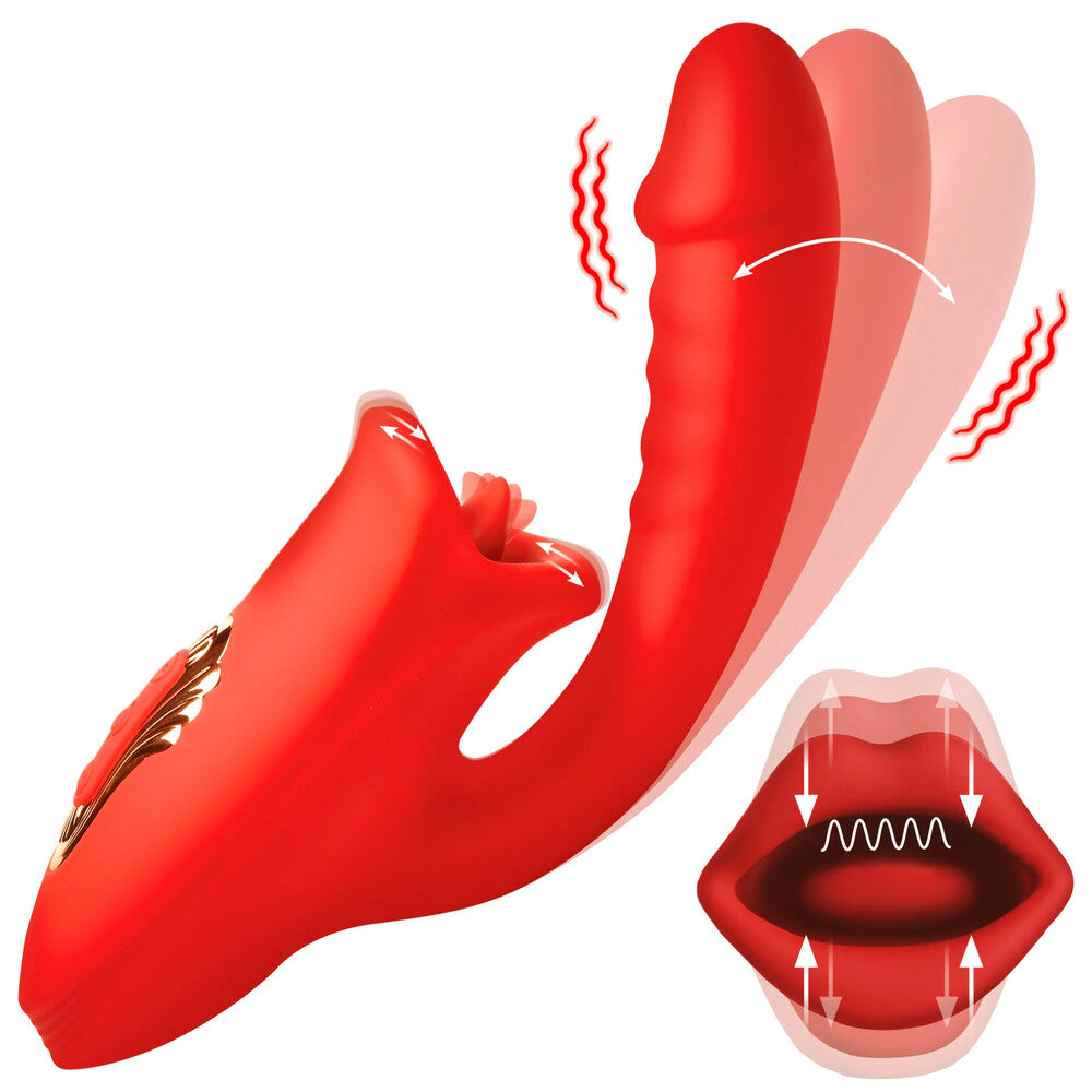 Red silicone rabbit vibrator with stroking sleeve, illustrating motion, from XR Brands.
