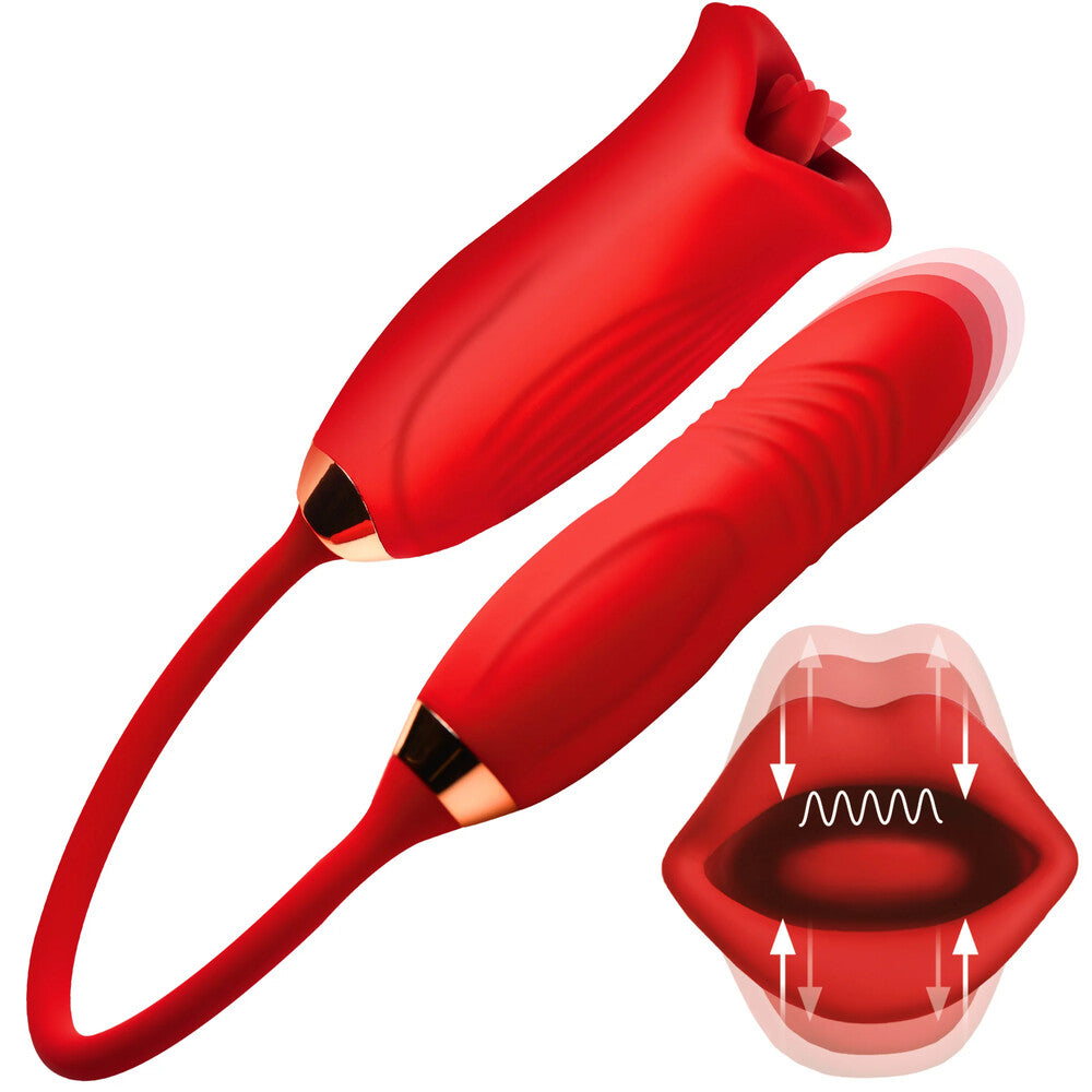 Red rose-shaped clitoral stimulator and thrusting vibe for pleasure.