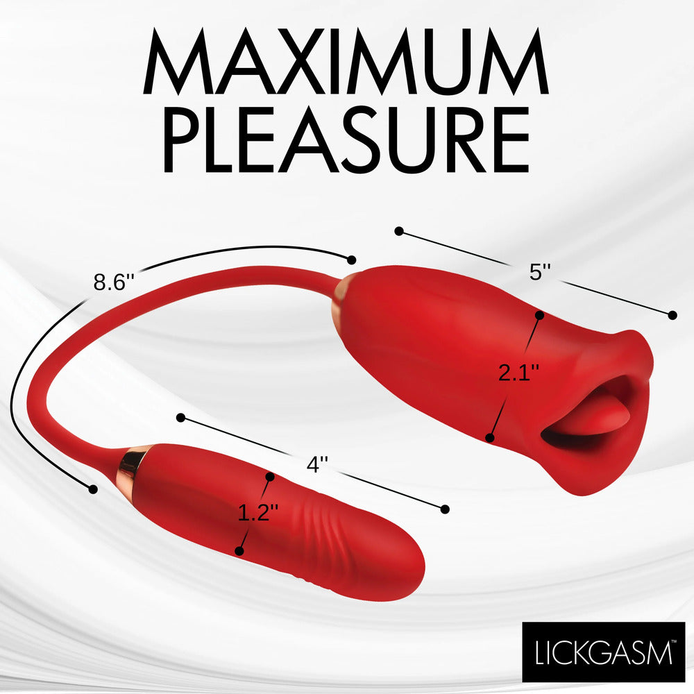 Clitoral stimulator and thrusting vibe, red, with length dimensions.
