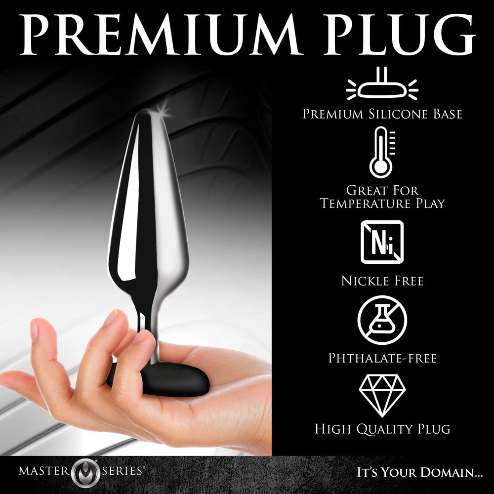 Premium metal butt plug with silicone base for temperature play.