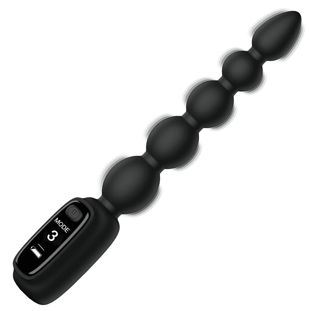 Black silicone anal beads with vibration control panel.