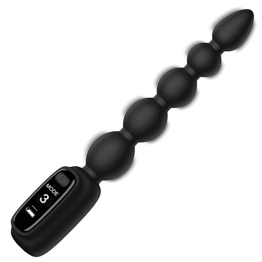 Black silicone anal beads with vibration control panel.