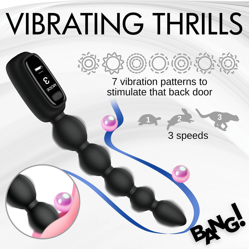 Vibrating silicone anal beads with seven patterns and three speeds for stimulating pleasure.