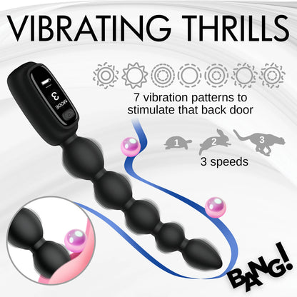 Vibrating silicone anal beads with seven patterns and three speeds for stimulating pleasure.