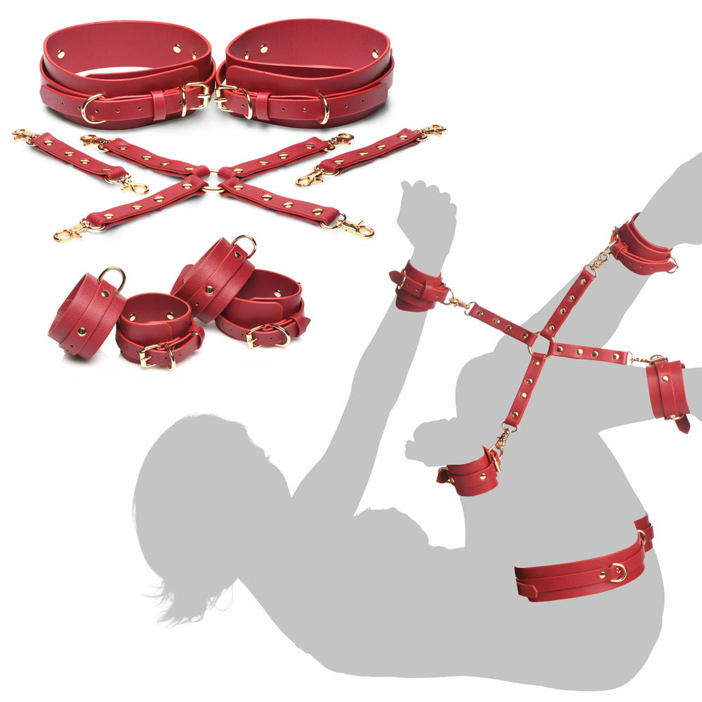 Master Series Thigh, Wrist, Ankle Restraints: Red restraint set for adventurous moments, complete with cuffs and connectors.