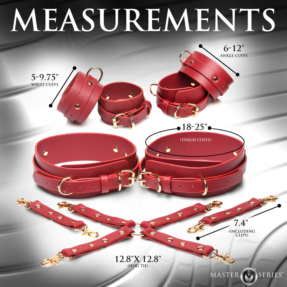 Red hog tie restraints with wrist, ankle and thigh cuffs.