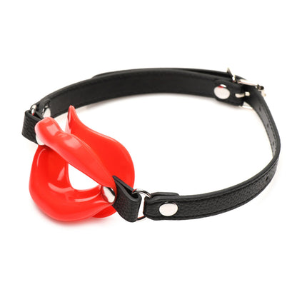 Red silicone lip gag with adjustable black leather-look strap.