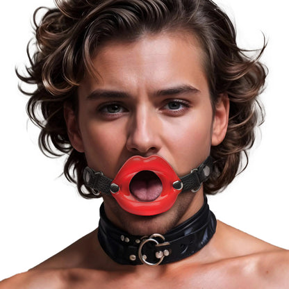Man wearing XR Brands' red silicone "Juicy Lips" gag with black collar.
