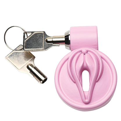 Pink vulva chastity cage with keys