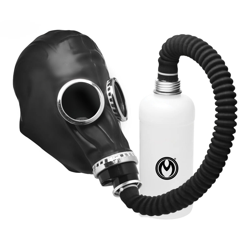 Master Series black gas mask with tube and bottle.