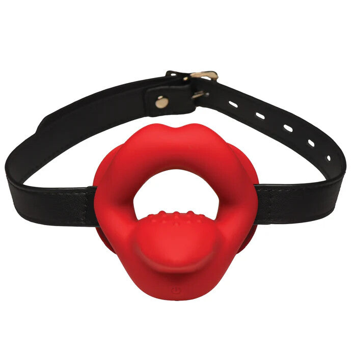 Red vibrating sissy mouth gag with black strap