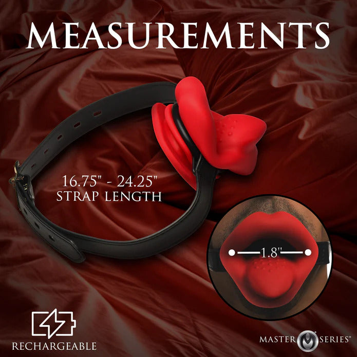 Vibrating mouth gag with strap length info. Playful adult novelty from Master Series.