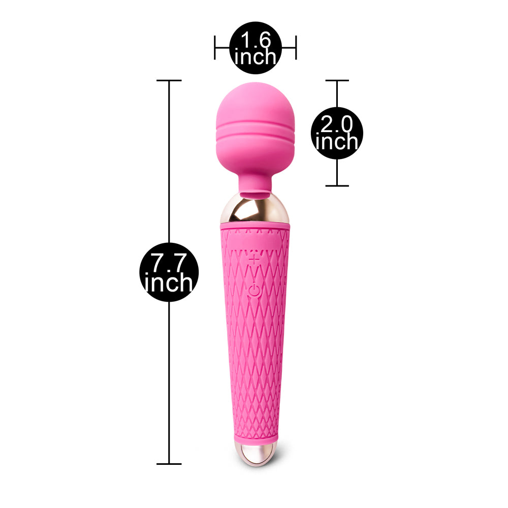 Pink magic wand vibrator with measurements.